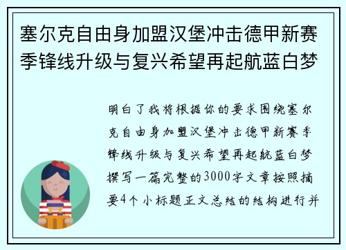 塞尔克自由身加盟汉堡冲击德甲新赛季锋线升级与复兴希望再起航蓝白梦 塞尔克自由身加盟汉堡冲击德甲新赛季锋线升级与复兴希望再起航蓝白梦