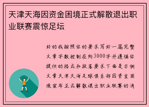 天津天海因资金困境正式解散退出职业联赛震惊足坛